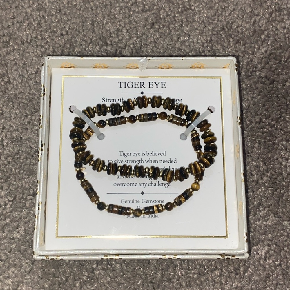 Shivam Tiger Eye Genuine Gemstone Beaded Stretch Bracelet Brass Brown